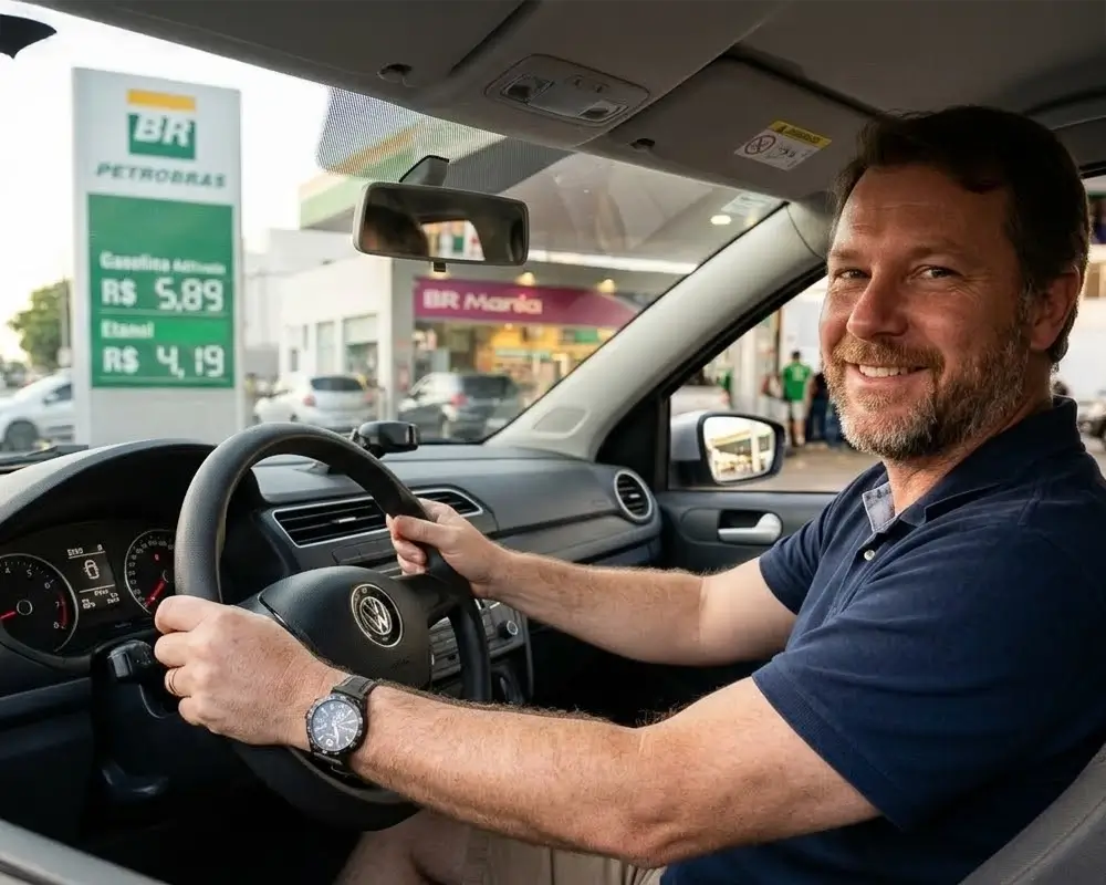 Homem feliz no posto de gasolina olhando para a camera